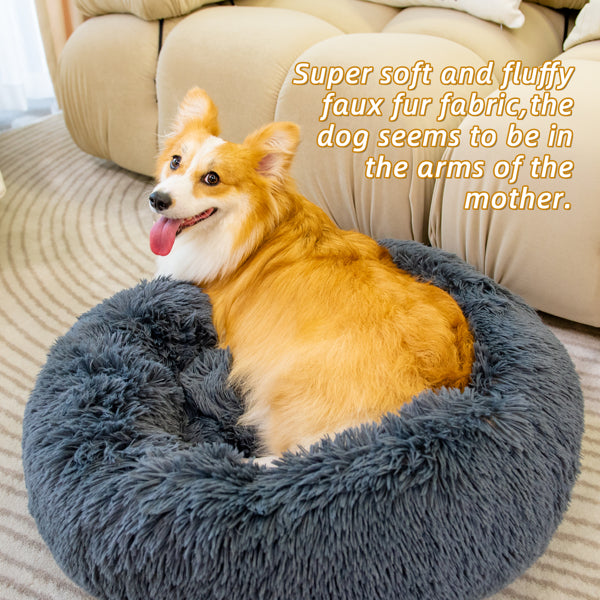 Raimaiso Anti-Anxiety Round Plush Dog Bed & Cat Bed | Fluffy Faux Fur Washable Pet Bed For Small To Large Pets (20/24/27 Inches)